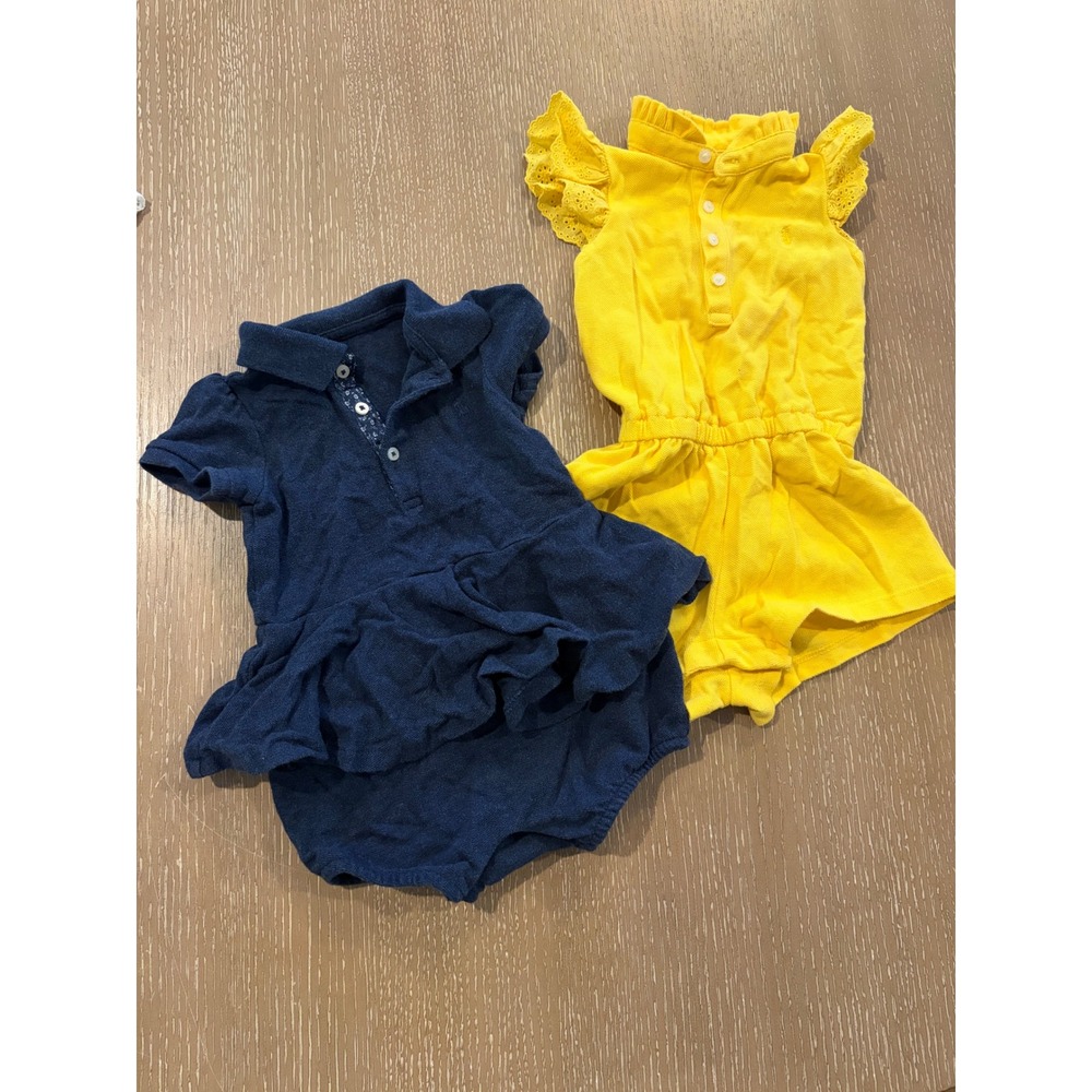 Ralph Lauren Baby Girls Romper Lot of 2 6M 9M Navy Yellow Ruffle Polo Outfits